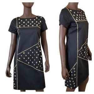VTG PER SE Studded Boat Neck Shift Dress Women Sz 4 Black Silver Gold Above Knee